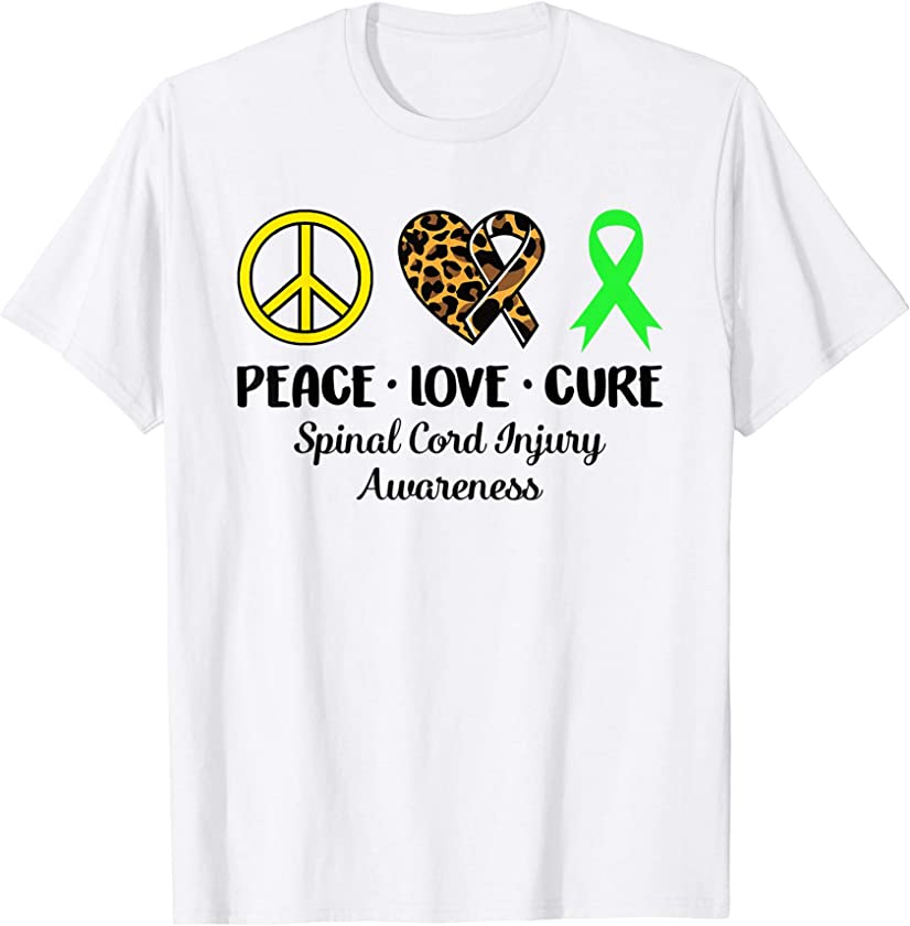 Spinal Cord Injury Awareness Peace Love Leopard Heart Ribbon T-Shirt