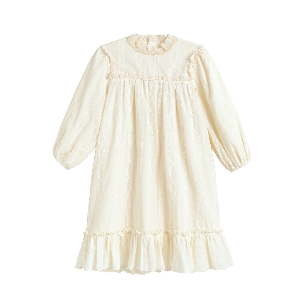 2022 New Girls Embroidery Dress Kids Teenager 100% Cotton Autumn Baby Soft Ruched Rufflles Puff Sleeve with Lining, #6910 alx