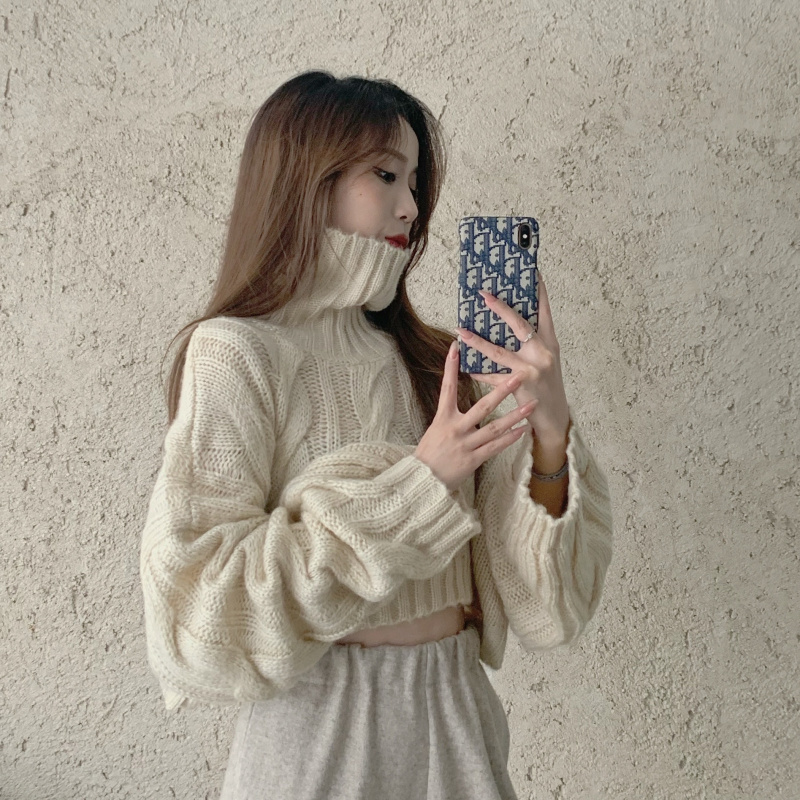 Women Trendy Cropped Turtleneck Sweater All-match Solid Long Sleeves Loose With Bat Sleeves Pullover Knitting Tops Autumn Winter alx