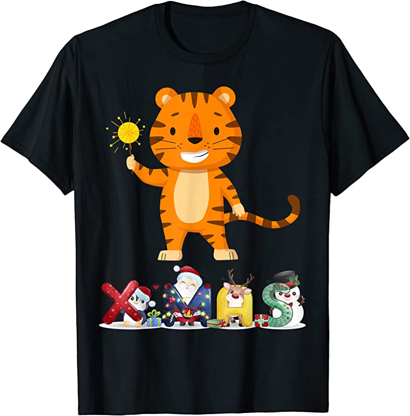 Christmas Tiger Face Tree Snow TShirt Pajama Xmas 2021 Shirt T-Shirt