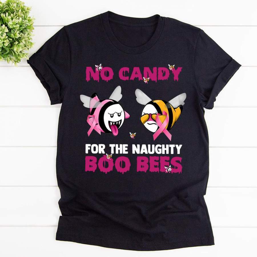 Bee Breast Cancer No Candy For The Naughty Boo Bees Halloween Gift Black Cotton T Shirt For Men and Women S-6XL