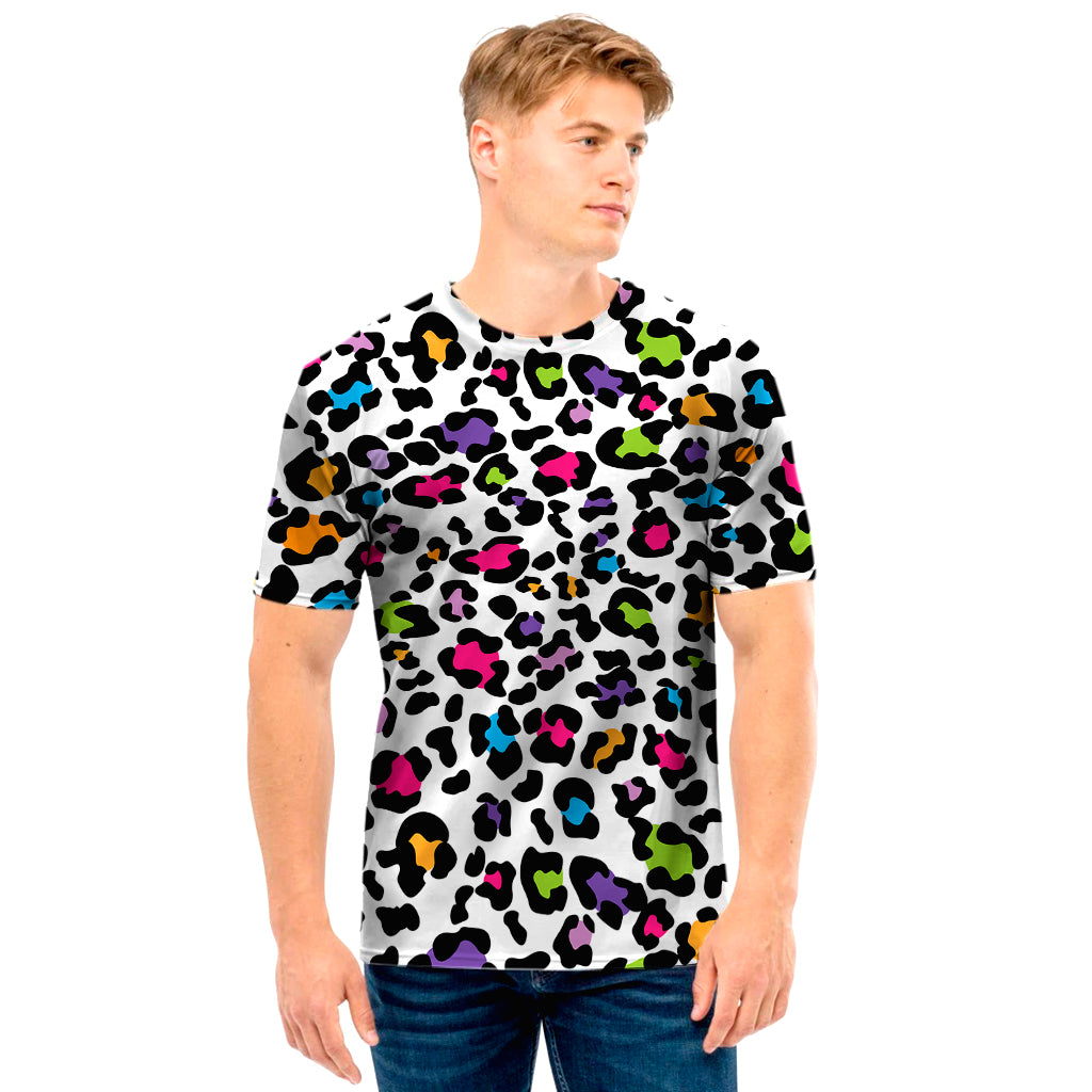 White And Rainbow Leopard Print Men’S T-Shirt