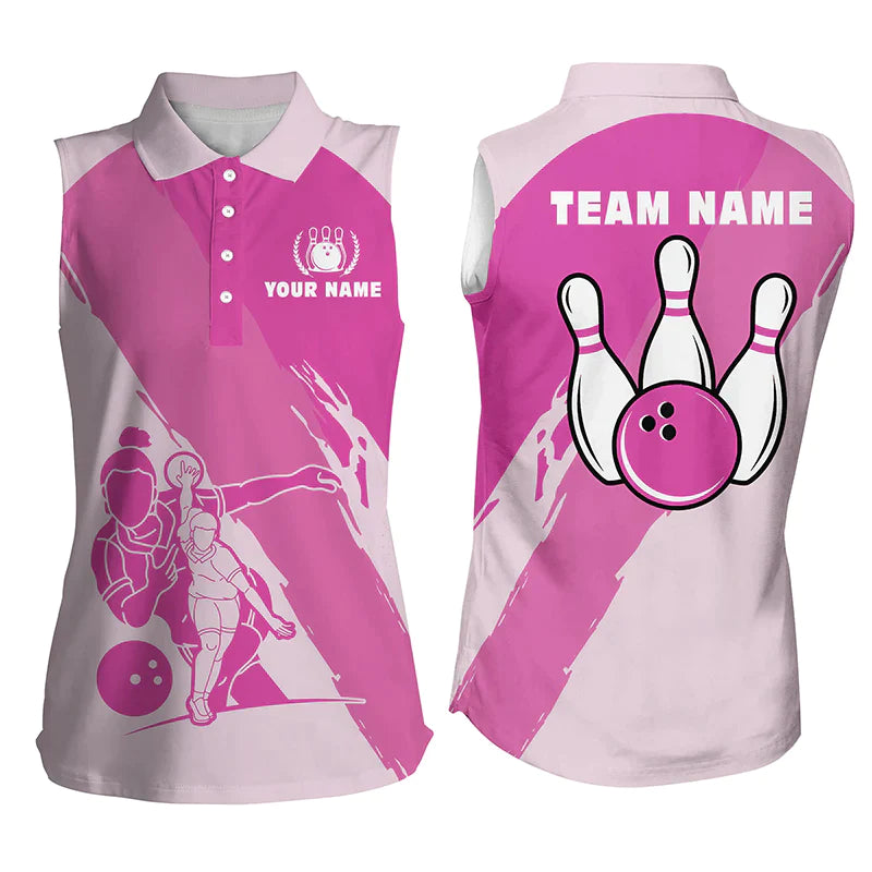 Personalized 3D Bowling Shirts For Women, Custom Pink Sleeveless Polo Bowling Shirt For Girls