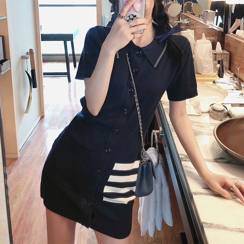 TB Thom College style polo collar knitted skirt women’s summer new single-breasted slim bag hip dress alx