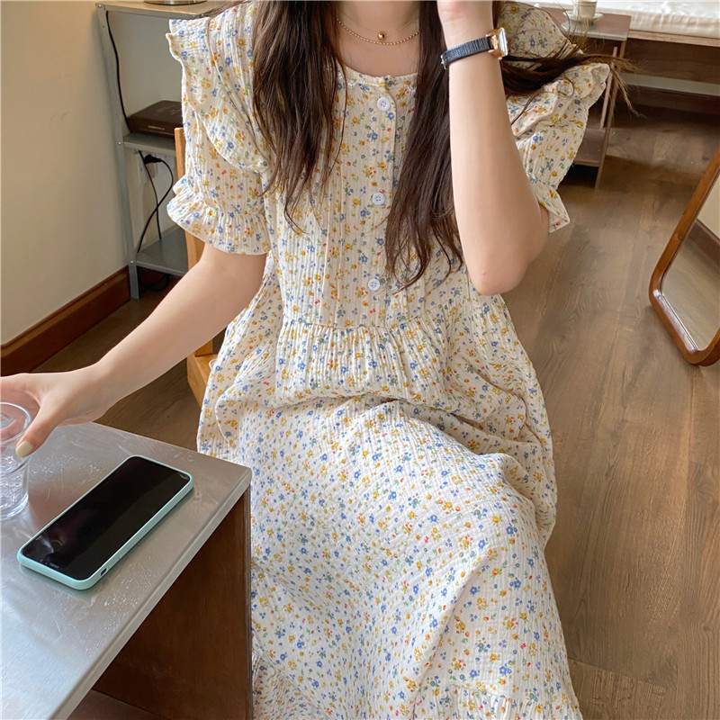 Sweet Floral Print Summer Nightgown Cotton Korean Sleepwear Loose Short Sleeve Ruffles Sleep Dress O-Neck Home Clothes alx