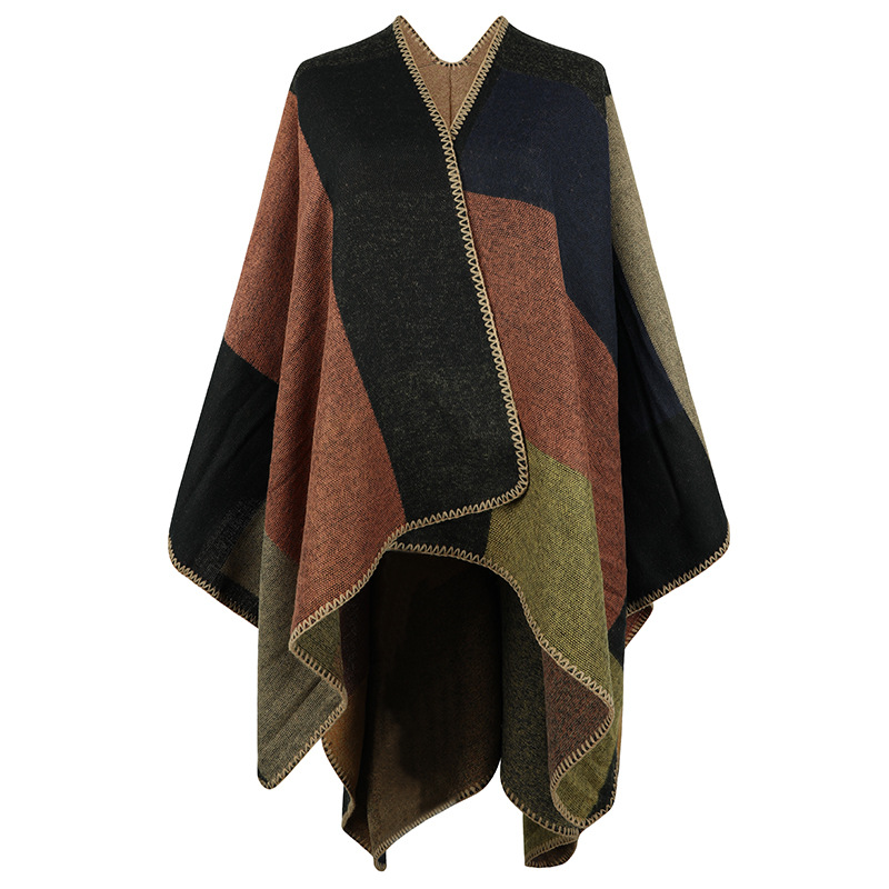 Women Boho Plaid Poncho Open Front Cardigan Poncho Cape Wrap Blanket Shawl for Fall Winter alx