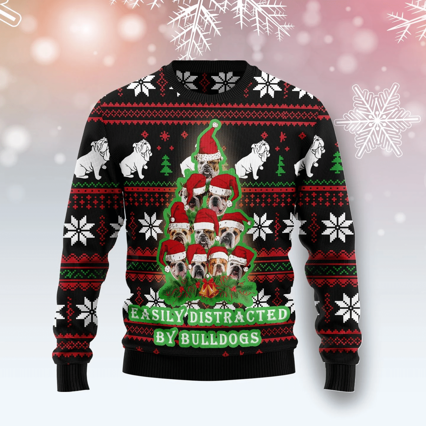 Bulldog Pine Tree Christmas Ugly Sweater