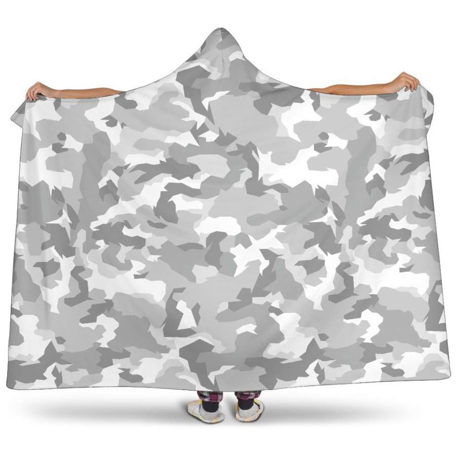 White Snow Camouflage Print Hooded Blanket