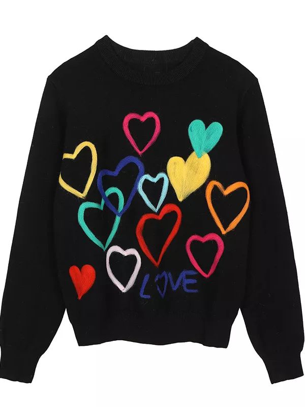 2022 Spring Women Lovely Sweater O-Neck Colorful Candy Color Heart Embroidery Knitwear Slim All-Match Pullover Femme C-066 alx