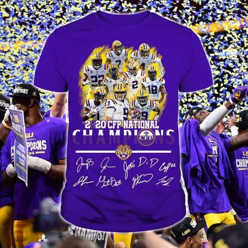 2020 Cfp National Champions Lsu Tigers Football Program Logo Fighting Tigers Players Signatures The Tigers Cfp Logo Gift For Lsu Tigers Fans Purple Men And Women T Shirt S-5Xl