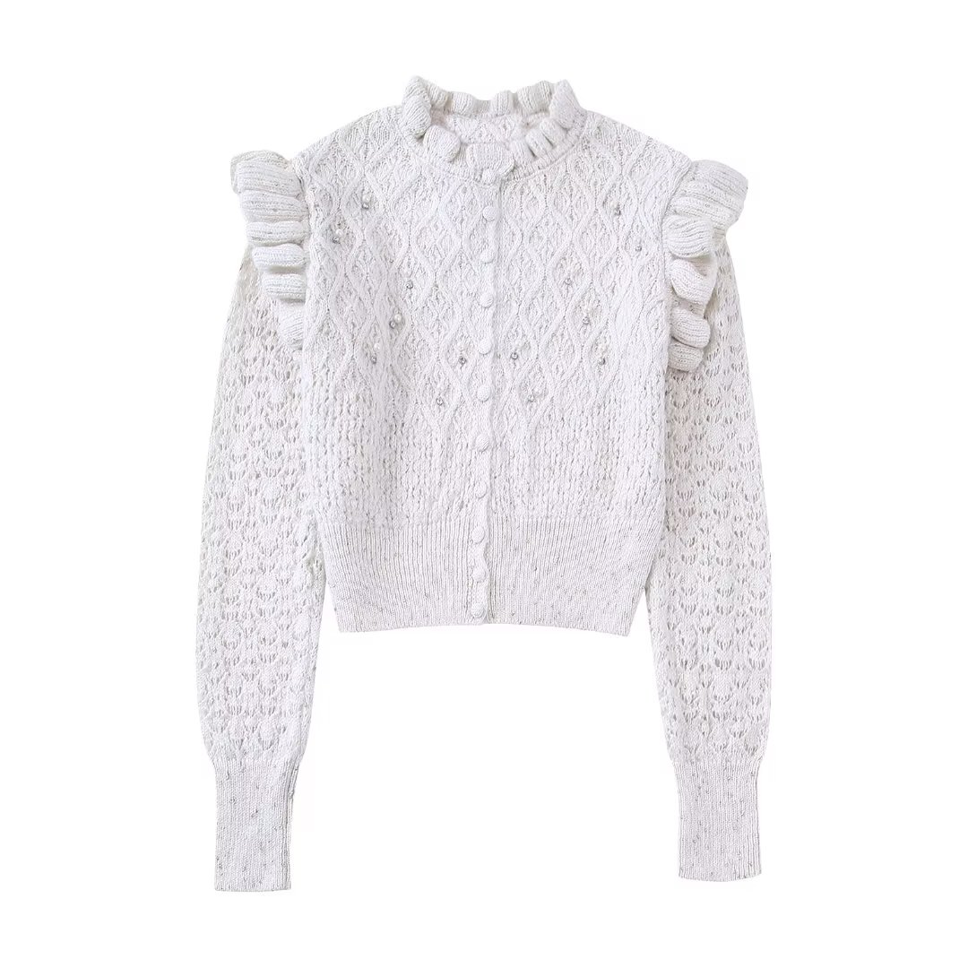 Zevity Women Sweet Agaric Lace Ruffles Diamond Beading Short Knitting Sweater Female Chic Casual Slim Cardigan Coat Tops CT2850 alx