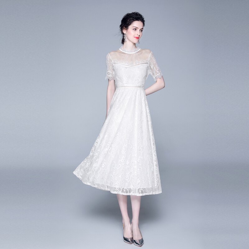 2020 New Summer Lace Dress Women Short Sleeve Fashion Slim Lace Stitching Dress Lace Stand-up Neckline Elegant Long Dress alx