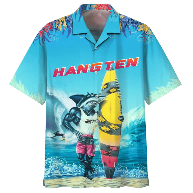 Shark Hang Ten Print Short Sleeve Hawaiian Casual Shirt