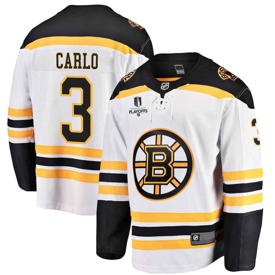 Brandon Carlo 3 Boston Bruins Stanley Cup 2023 Playoffs Patch Away Breakaway Men Jersey – White