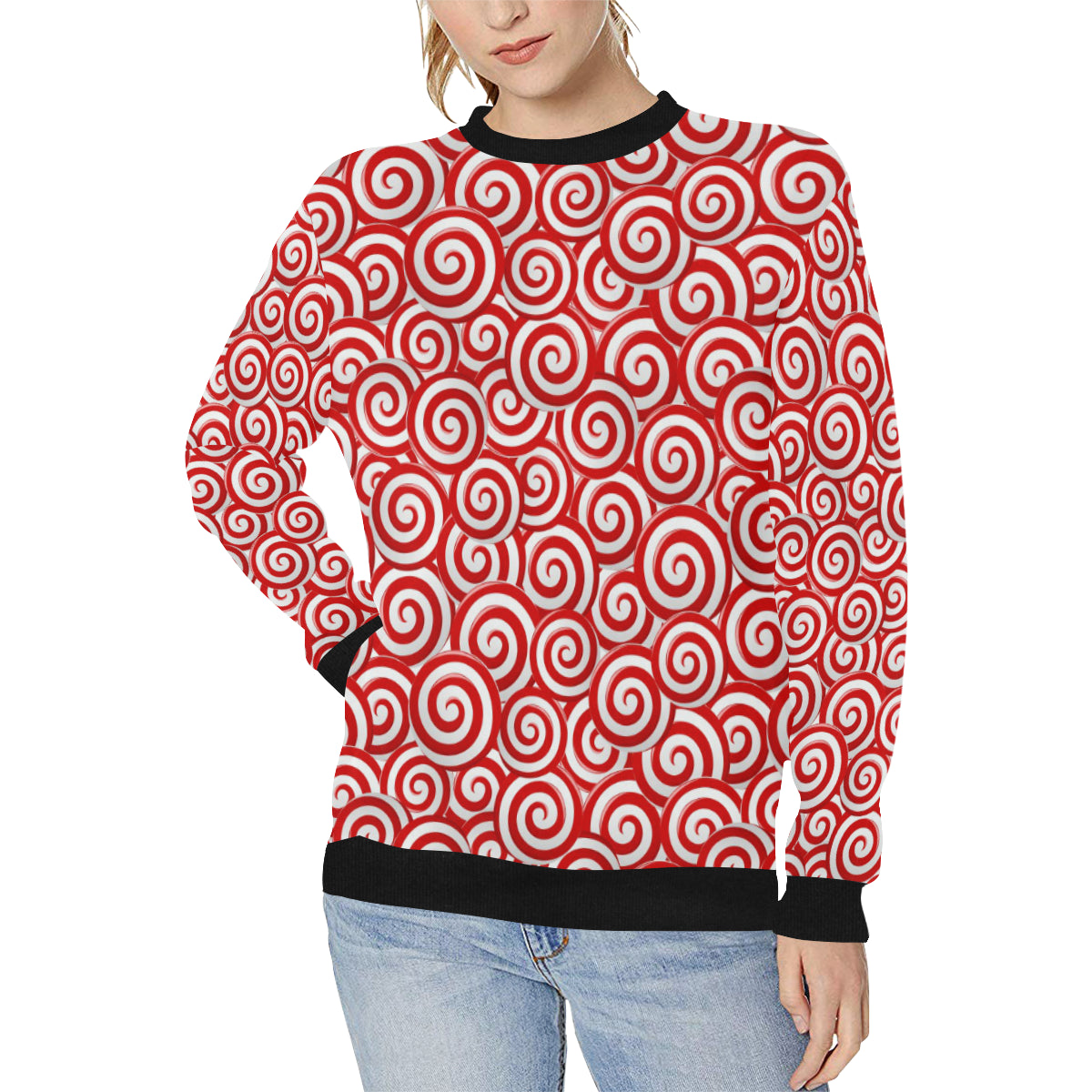 Red and White Candy Spiral Lollipops Pattern Women’s Crew Neck Sweatshirt