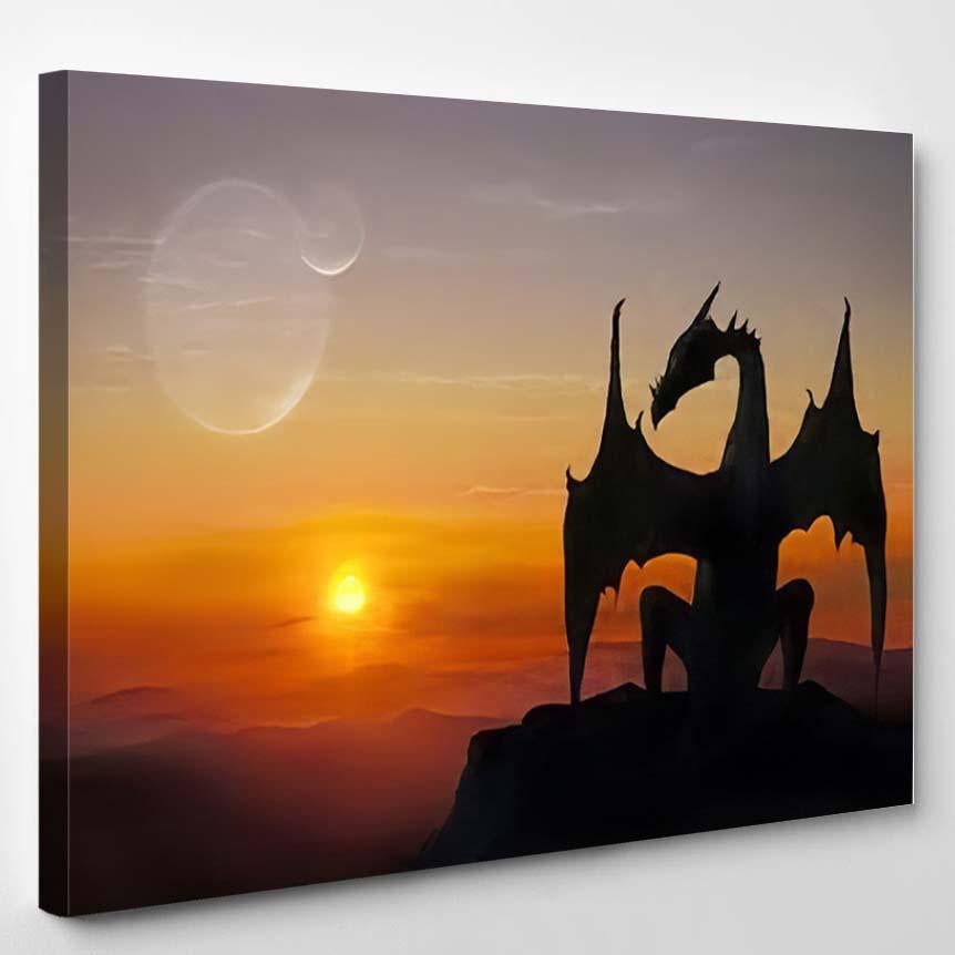 3D Illustration Black Dragon On Stone – Dragon Animals Canvas Print