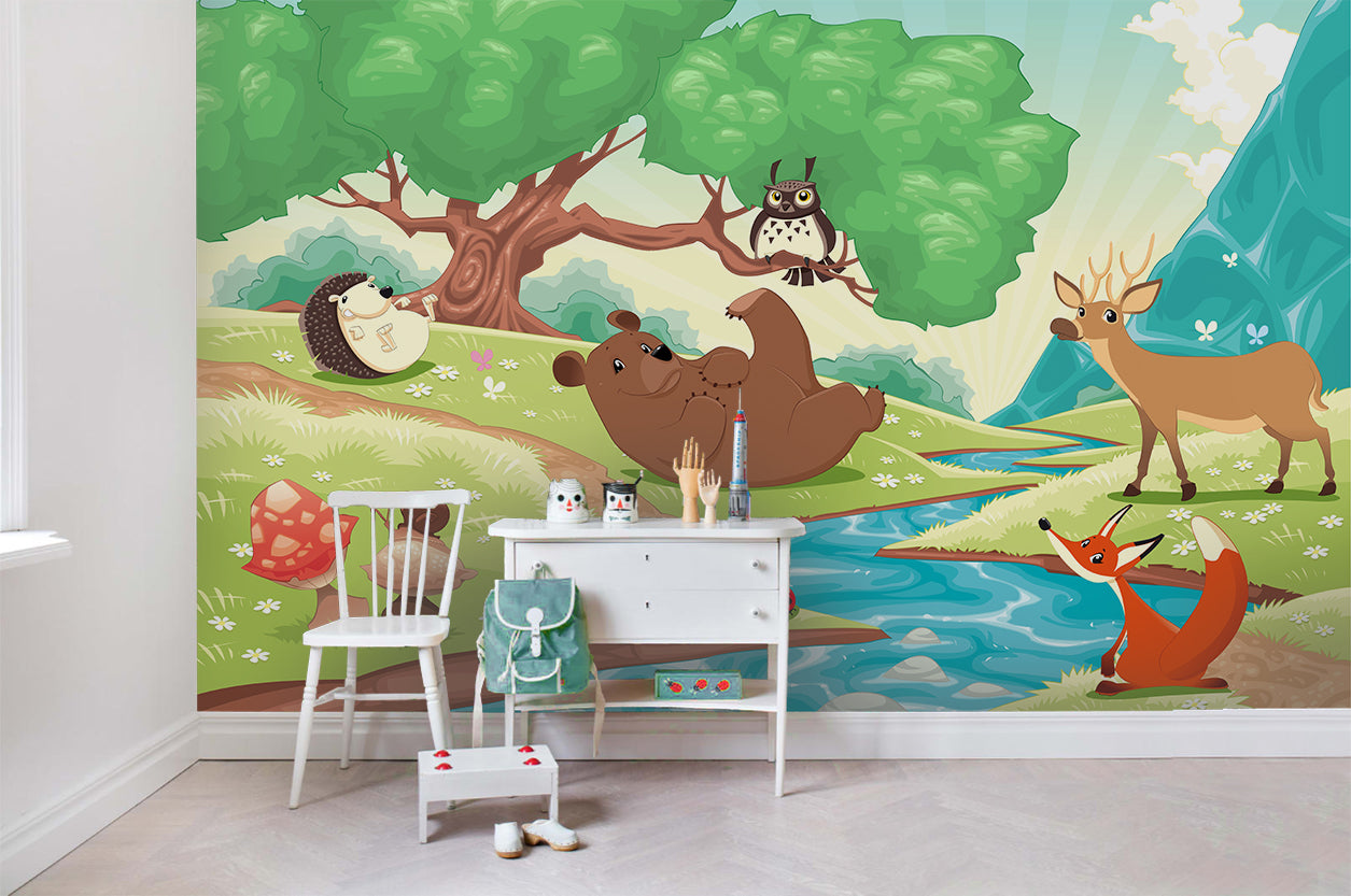 3D Tree Stream Animal Elk Bear Hedgehog Fox Owl Cartoon Kid Wall Mural Wallpaper Sf05