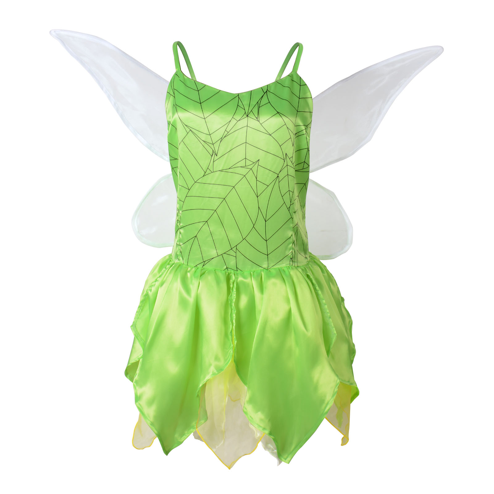 Women’s Tinker Bell Costume Peter Pan Flower Fairy Tutu Dress with Wings Green Leaf Print Pixie Halloween Fancy Dress alx