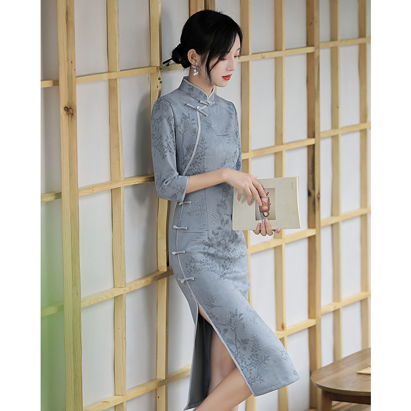 Autumn Blue Gray Suede Cheongsam Long Sleeve Print Vintage Dress Women Slim-fit Costumes Elegant Qipao S To XXL alx