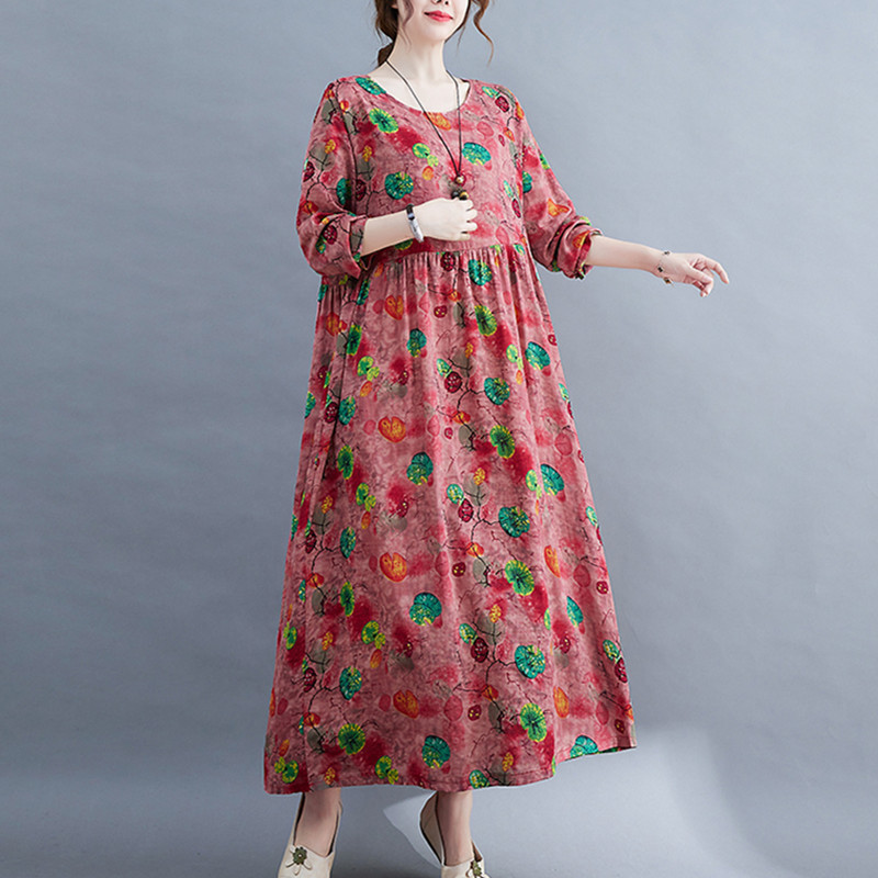 2022 New Arrival Long Sleeve Spring Dress Print Floral Office Lady Work Dress Plus Size Loose Women Casual Maxi Autumn Dress alx