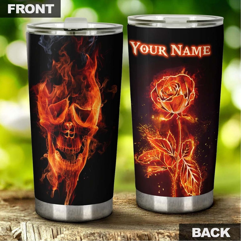 Skull And Roses On Fire Cool Personalized Fancy Unique Tumbler-Skull Tumbler-Skull Birthday Gift Christmas Gift For Her For Him