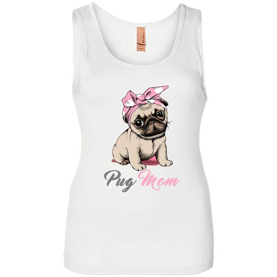 Mom Love Pink Bandana Puppy Pug in a Pink Headband – Womens Jersey Tank