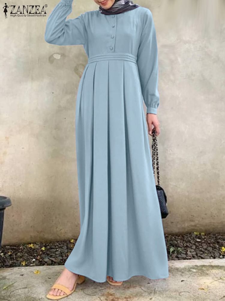 Spring Holiday Islamic Clothing Marocan Caftan ZANZEA Elegant Long Sleeve Muslim Sundress Women Casual O Neck Dubai Turkey Dress alx