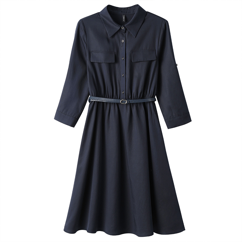 VIMLY Elegant Fashion Solid Belt Dresses Spring 2022 Long Sleeve Polo-neck Loose Tunic Pullover Midi Dress Female Clothing V1552 alx