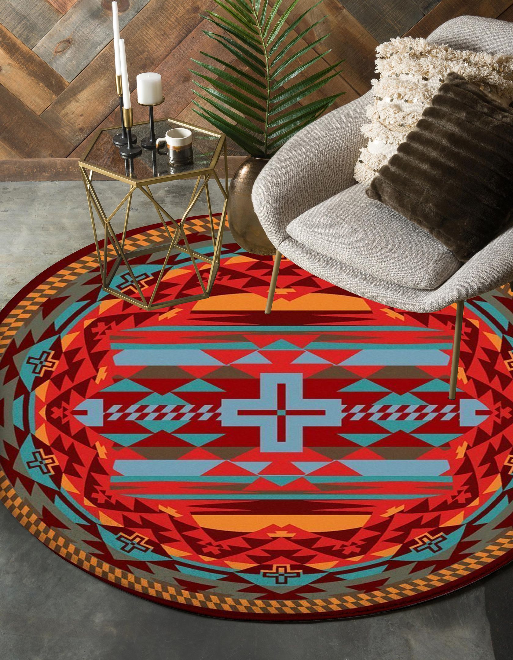 Red Orange Cross Pattern Native American Pride Round Rug