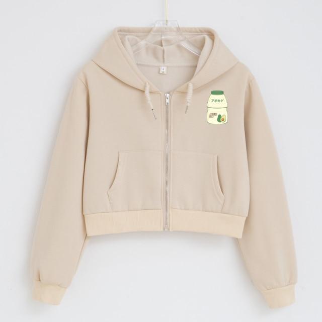 Avocado Yogurt Bottle Cropped Zip Up Soft Hoodies