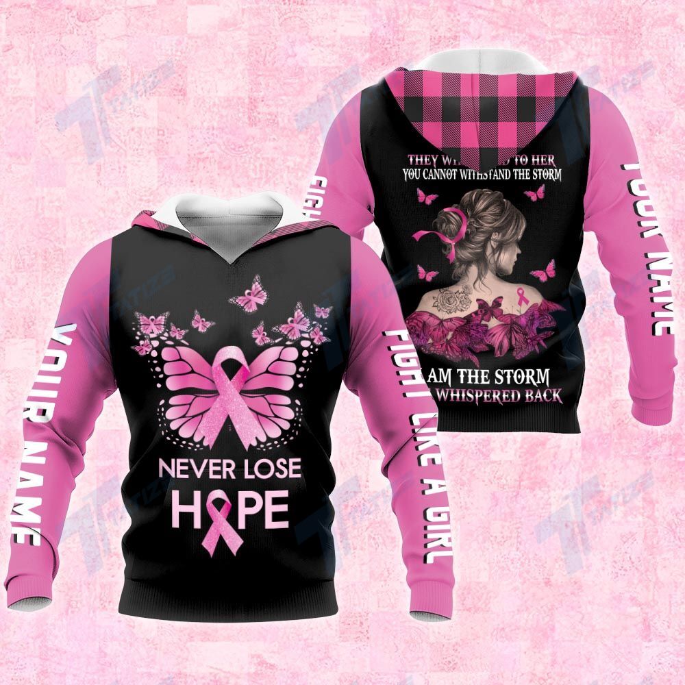 Breast cancer butterfly never lose hope custom name 3D All Over Printed Shirt, Sweatshirt, Hoodie, Bomber Jacket Size S – 5XL