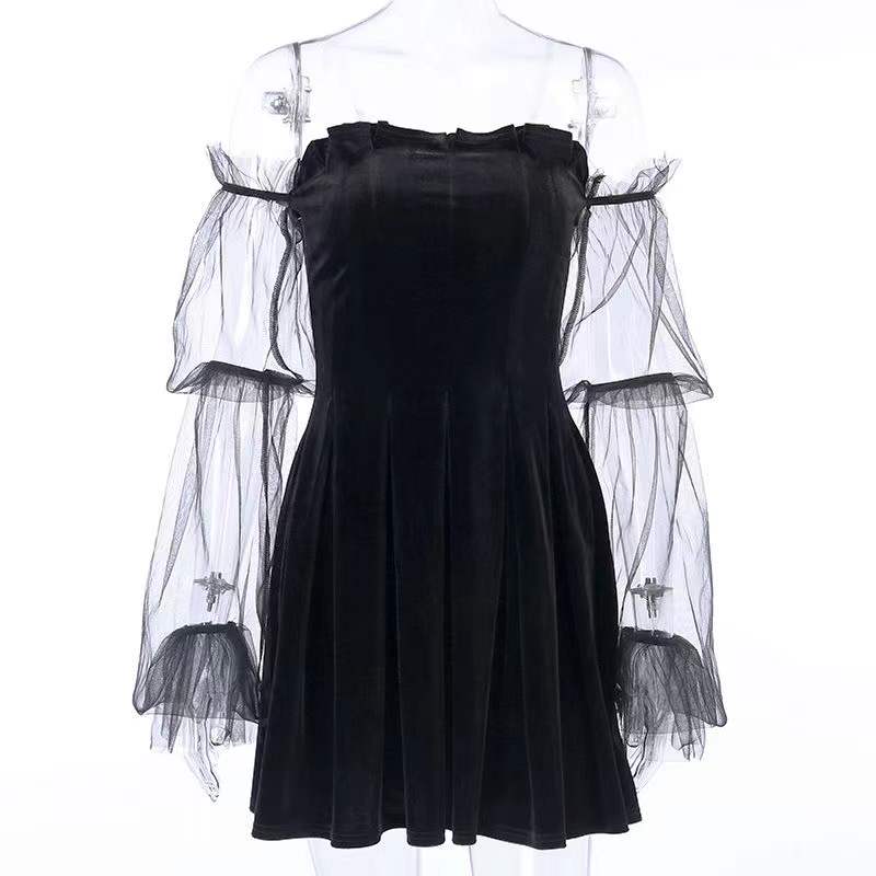 Yangelo Gothic Sexy Dress Vintage Off Shoulder Lantern Sleeve Mesh Patchwork Mini Dress Dark Street Black Dress Female 2022 alx