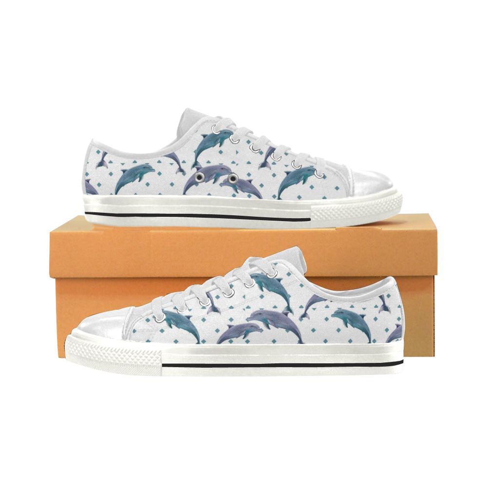 Dolphins Pattern Dotted Background Kid’S Low Top Canvas Shoes White