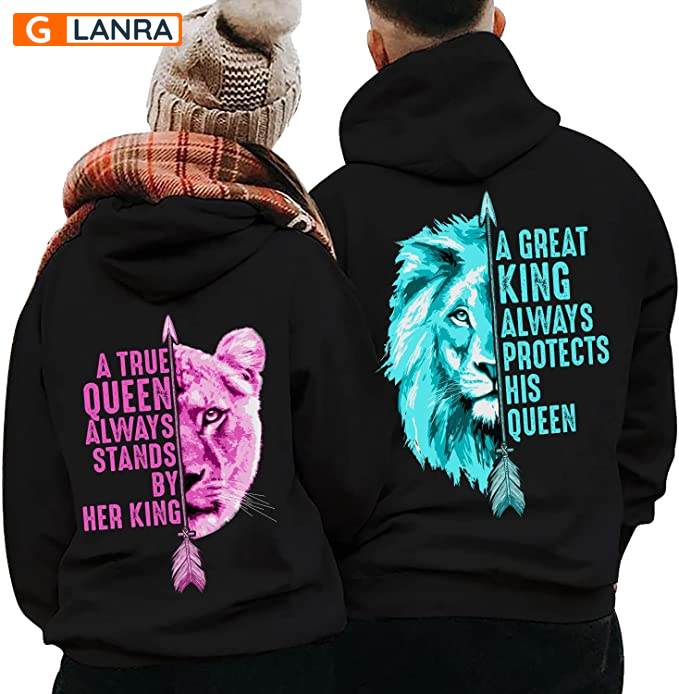 A True Queen Always Stands By Her King A Great King Always Protects His Queen Hoodie, Lion Couple Hoodie, Husband Wife Unisex Sweater, Sweatshirt