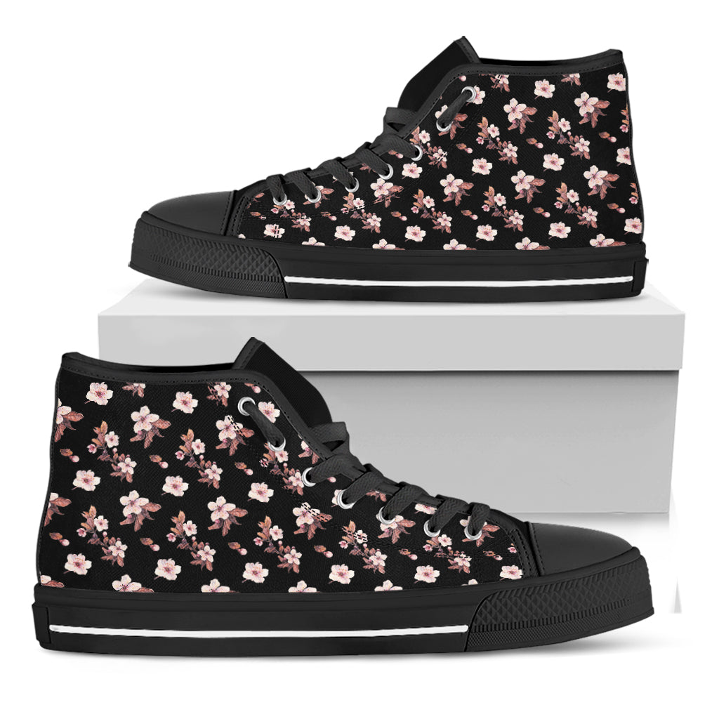 Watercolor Cherry Blossom Pattern Print Black High Top Shoes