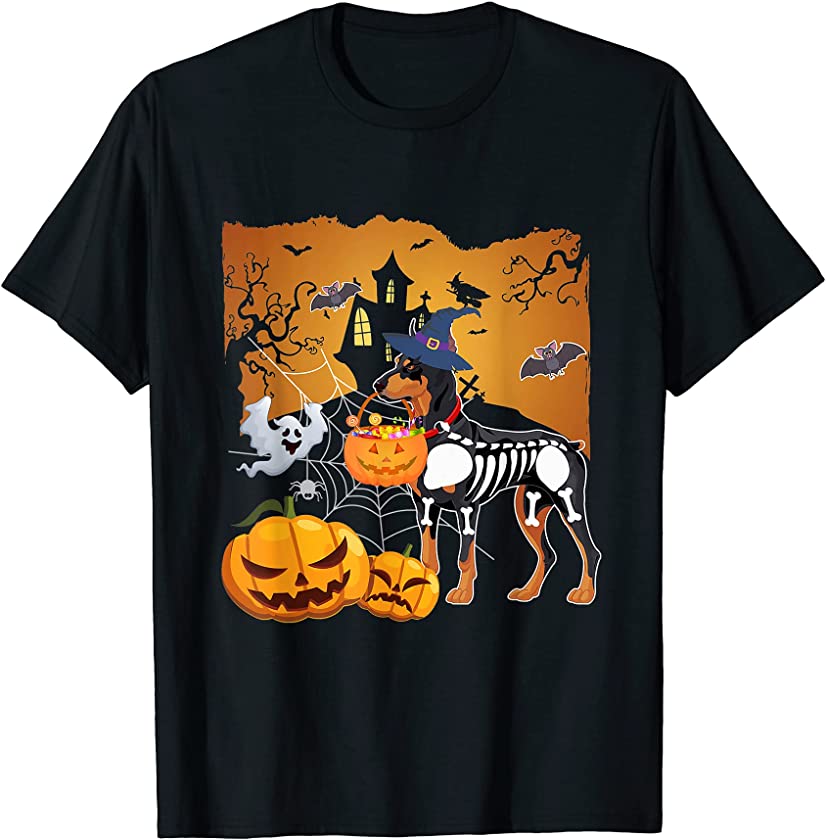 Doberman Pinscher Skeleton Dog Pumpkin Halloween Costume T-Shirt ...