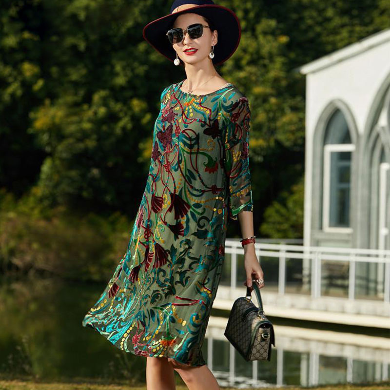 2022 New Spring Summer Women Dress Print Imitated Silk Women’s Fashion Loose Flower Embroidery Dress Plus Size 5XL Vestidos 227 alx