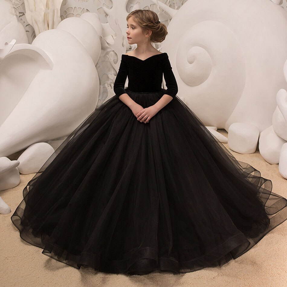 2022 New Kids Dresses Girl Elegant Long Prom Black Embroidery Tulle Gowns Children Stage Dress 8 Grade Graduation Dresses alx