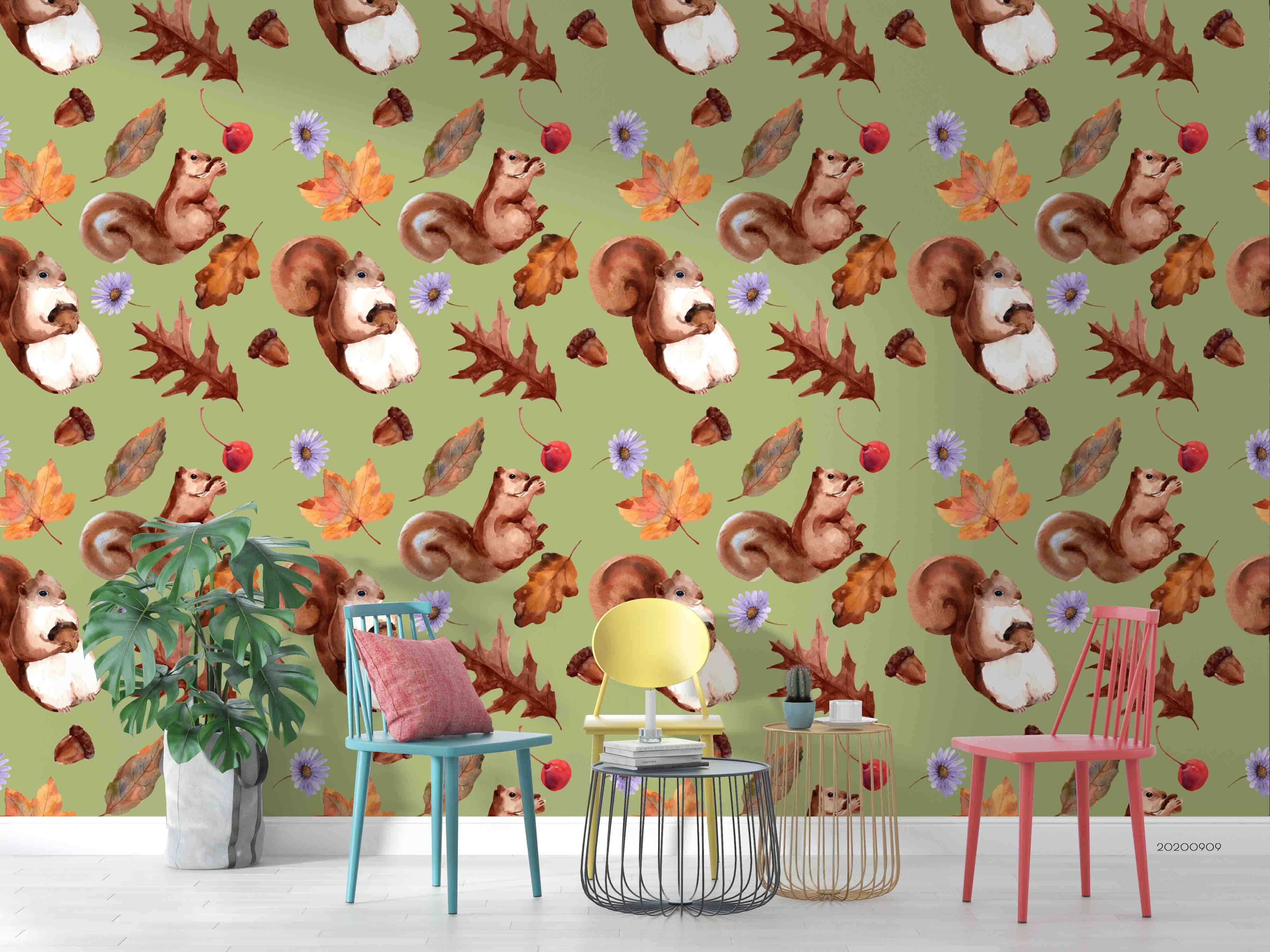 3D Cartoon Squirrel Animal Nut Maple Leaves Plant Wall Mural Wallpaper Lxl