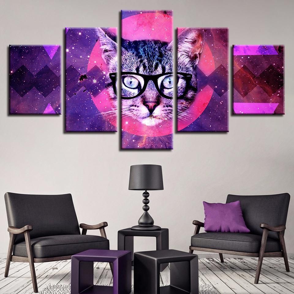 Abstract Red Moon Animal Cat With Glasses Animal 5 Panel Canvas Art Wall Decor