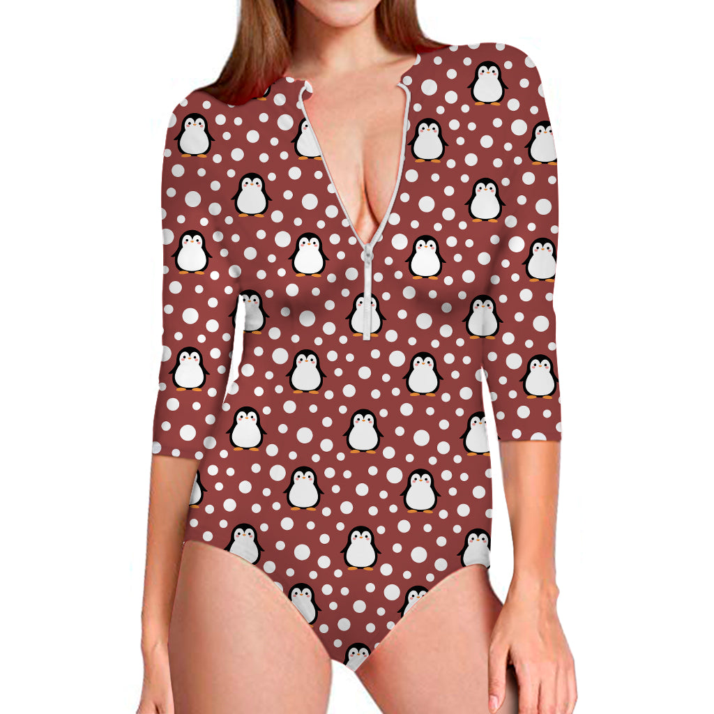 Red Snow Penguin Pattern Print Long Sleeve One Piece Swimsuit