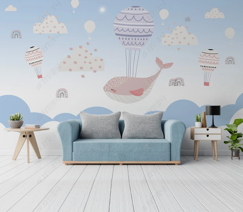 3D Cartoon Sky Dolphin Cloud Hot Air Balloon Wall Mural Wallpaper Lqh 99