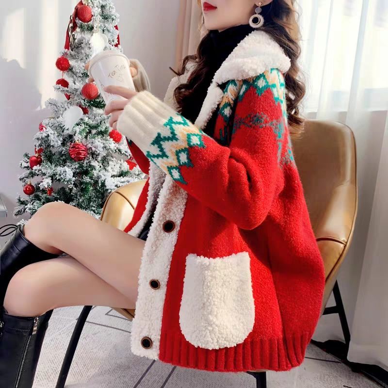 Woman Sweaters Christmas Red Sweater Cardigan Women Thickened Autumn Winter 2020 Loose Knitted Coat Femme Chandails Pull Hiver alx