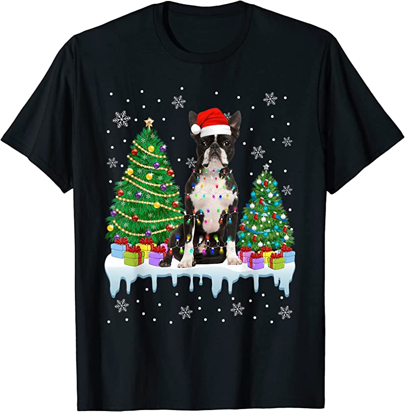 Boston Terrier Dog Christmas Tree Xmas Lights Puppy Lover T-Shirt