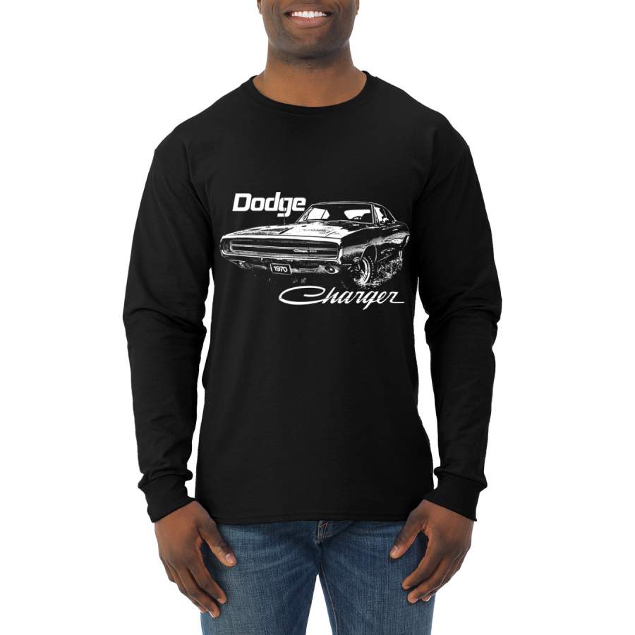 Vintage White 1970 Dodge Charger Racing Cars and Trucks Mens Long Sleeve Shirt