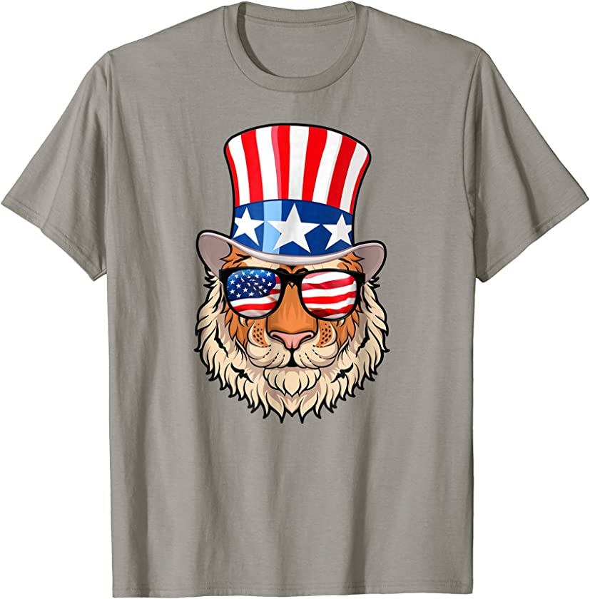 Tiger T-Shirt American Flag Hat Glasses 4th of July Tee