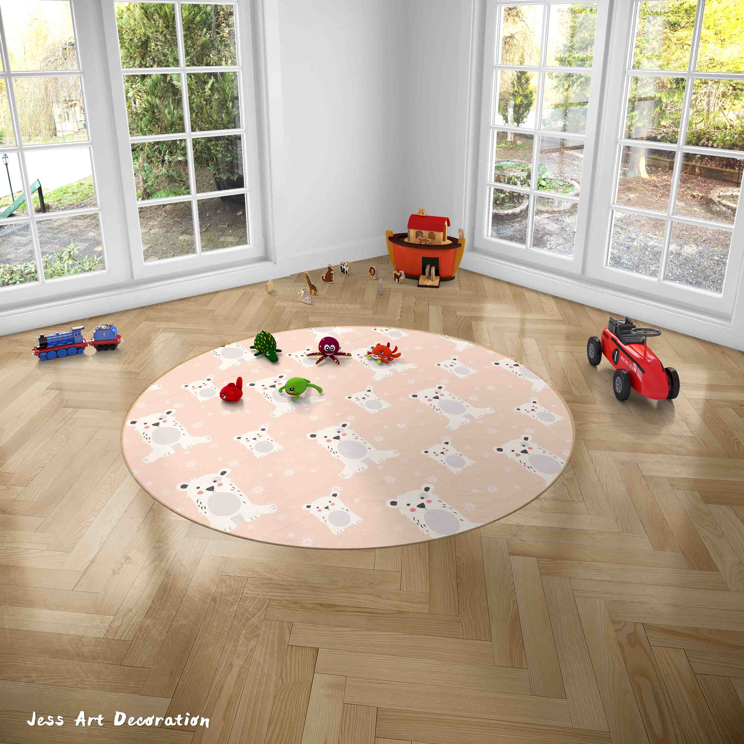 3D Cartoon Animal Bear Pink Kids Non-Slip Round Rug Mat 54