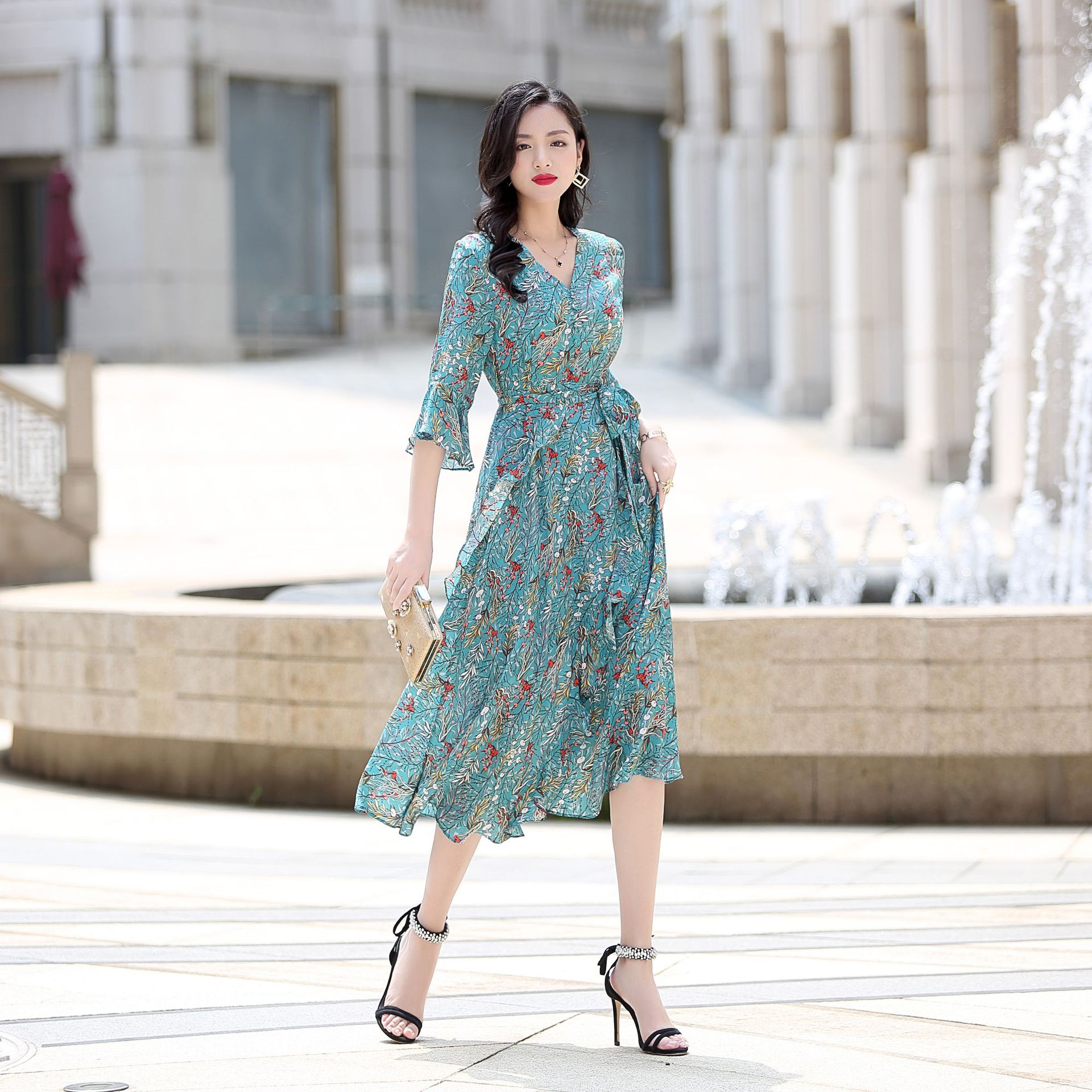 21LLT2236-B New Fashion 2021 100%Silk Dress Floral Print Lotus Leaf Plus-Size Loose Women’s Clothing Dress Summer alx