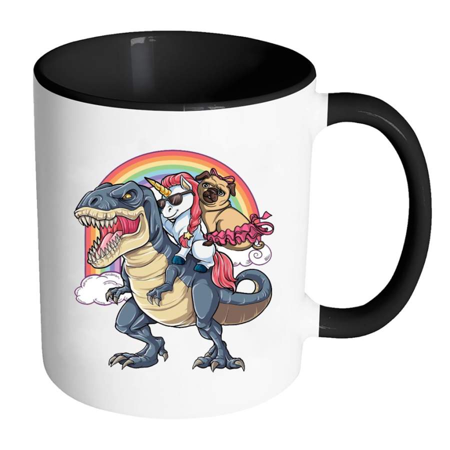 Unicorn and Pit Pug Dog Riding Dinosaur Rainbow – Full-Wrap Coffee Colors Accent Mug