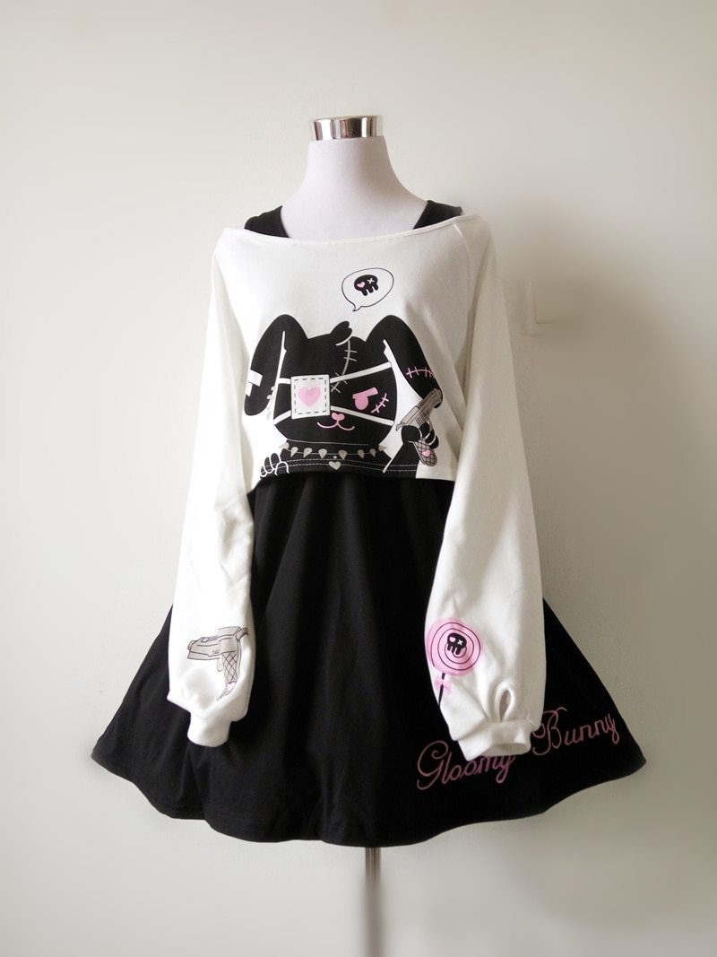 Kawaii Comic Black Gloomy Rabbit Long Sleeve Dress [2Pcs]